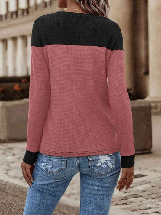 Contrast Buttoned Round Neck Long Sleeve T-Shirt - Body By J'ne