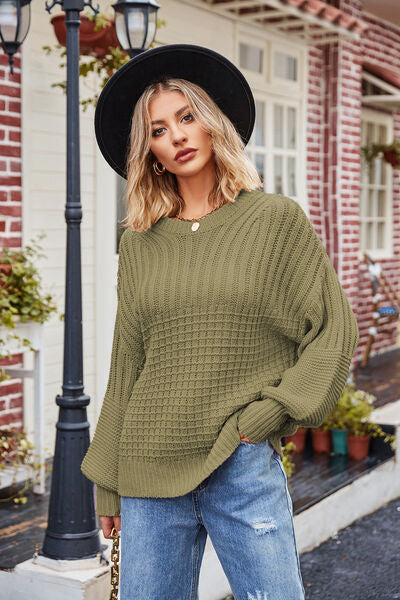 Ribbed Drop Shoulder Lantern Sleeve Sweater - Body By J'ne