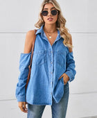 Cold Shoulder Pocketed Button Up Denim Jacket - Body By J'ne