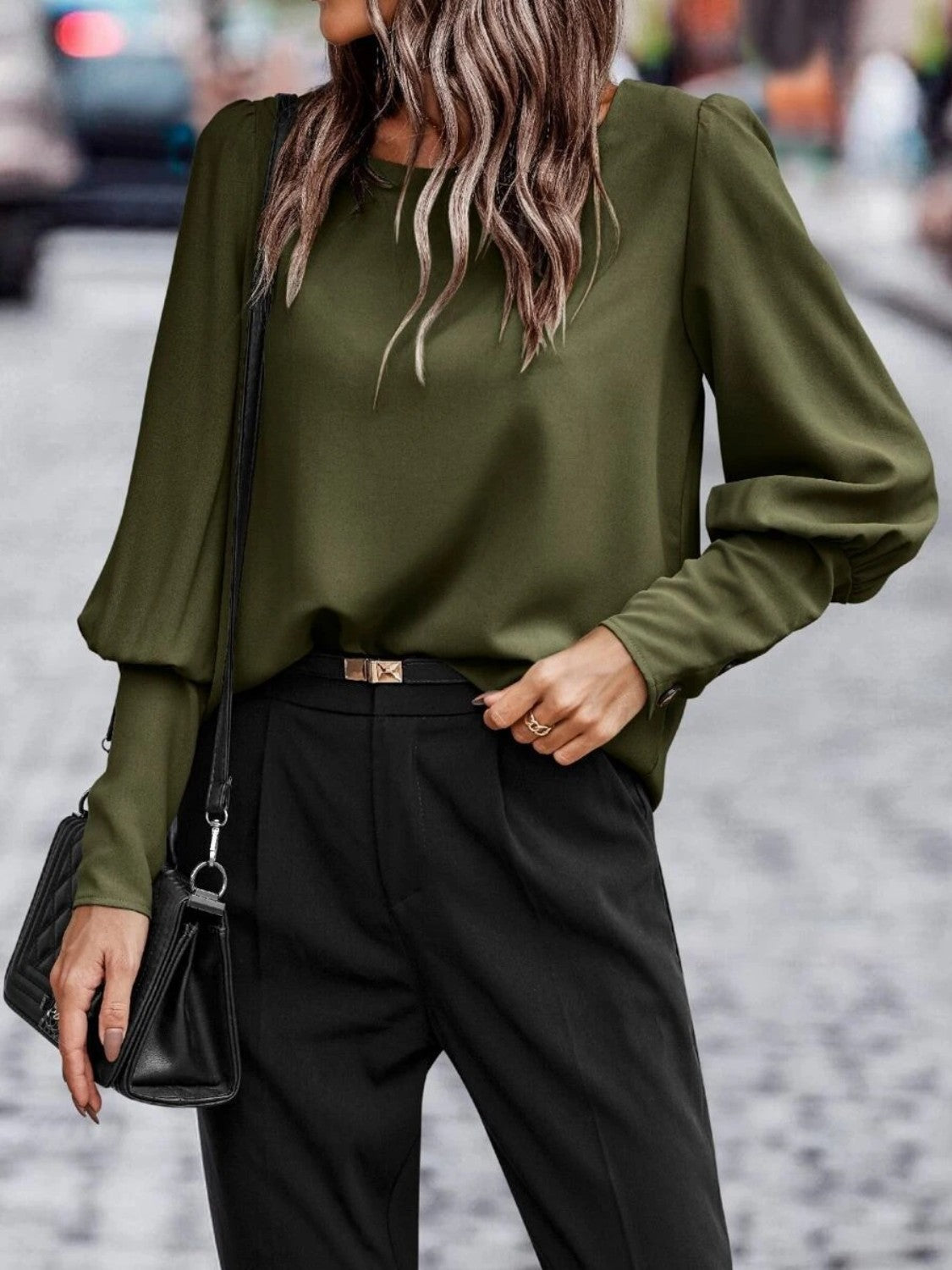 Round Neck Lantern Sleeve Blouse - Body By J'ne