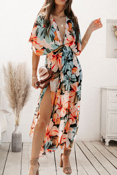 Plunge Split Printed Short Sleeve Dress - Body By J'ne