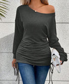 Ruched Single Shoulder Long Sleeve T-Shirt - Body By J'ne