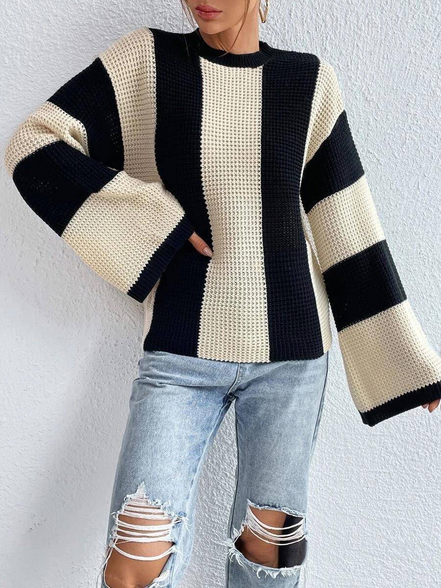 Crew Neck Waffle Drop Shoulder Knit Sweater - Body By J'ne