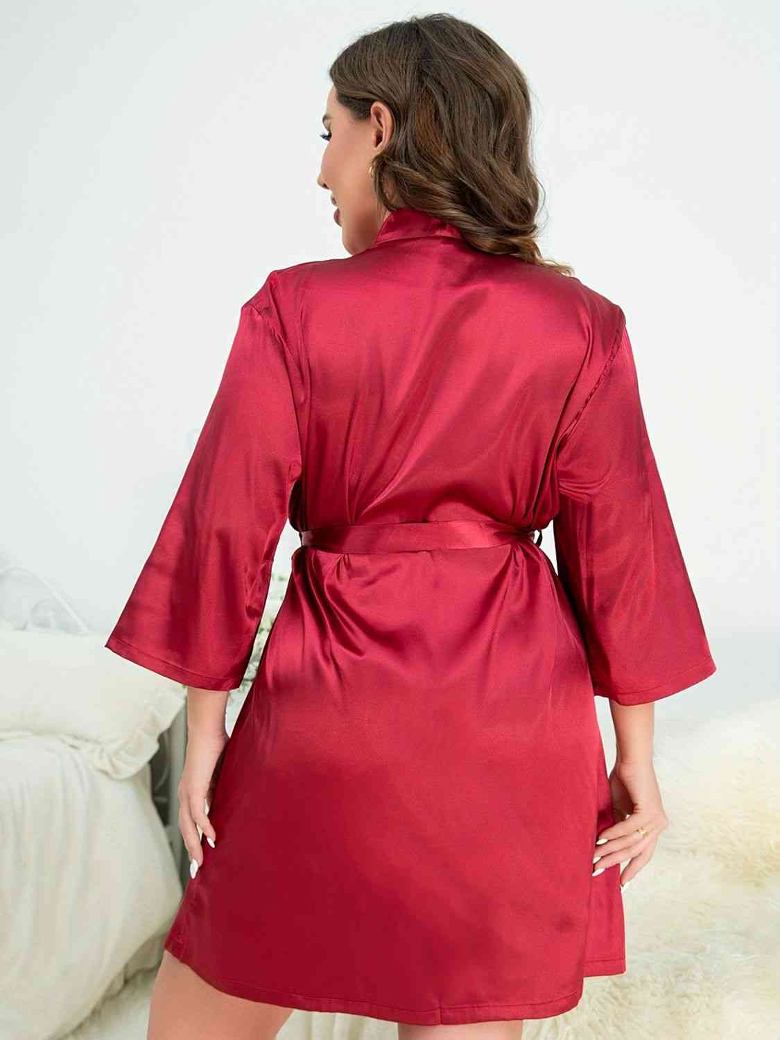 Plus Size Surplice Neck Tie Waist Robe - Body By J'ne