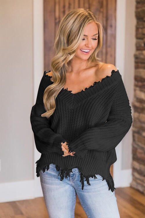 Frayed Hem Dropped Shoulder Sweater - Body By J'ne