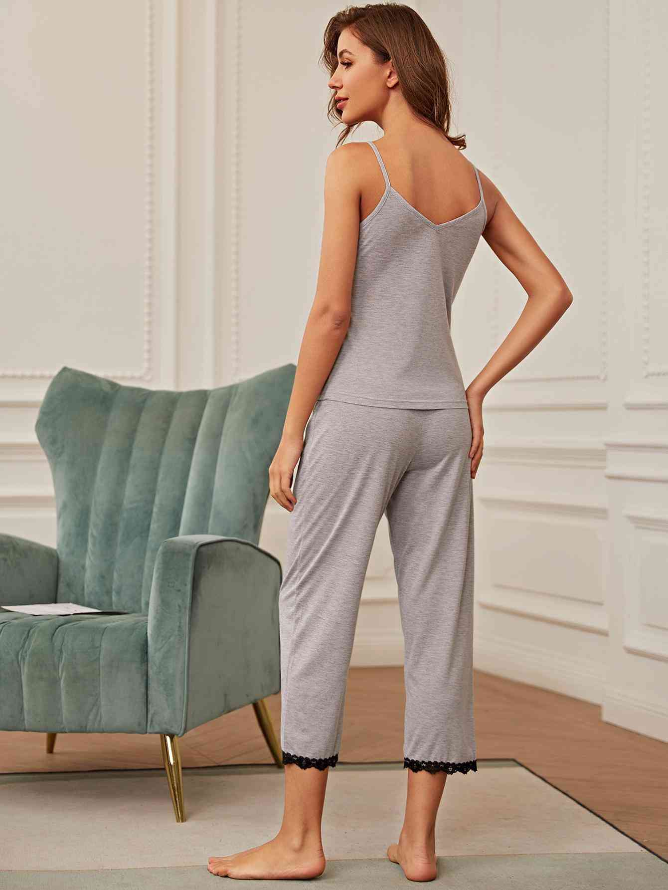 V-Neck Lace Trim Slit Cami and Pants Pajama Set - Body By J'ne