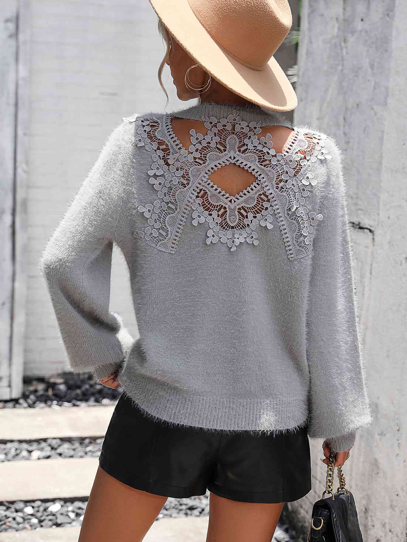 Lace Detail Cutout Long Sleeve Pullover Sweater - Body By J'ne