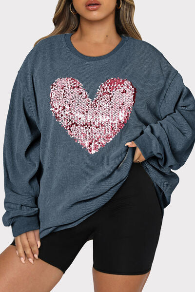 Plus Size Heart Sequin Round Neck Sweatshirt - Body By J'ne