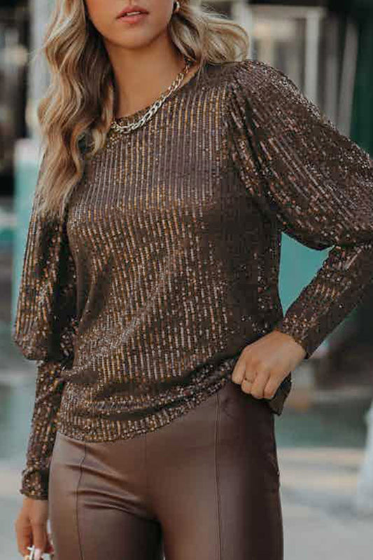 Brown Cuffed Sequin Top - Body By J'ne