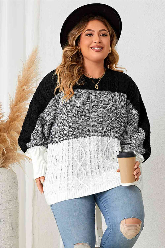 Plus Size Color Block Round Neck Cable-Knit Sweater - Body By J'ne