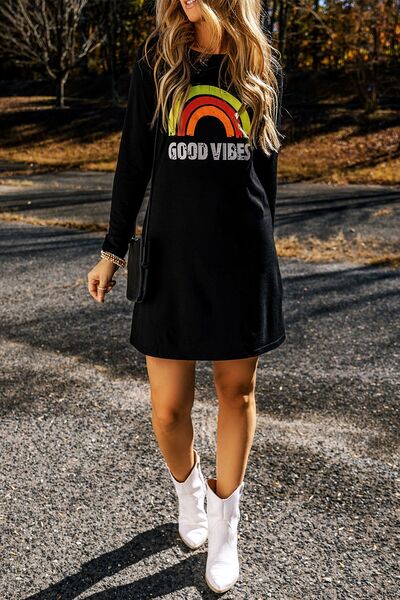 GOOD VIBES Round Neck Long Sleeve Dress - Body By J'ne