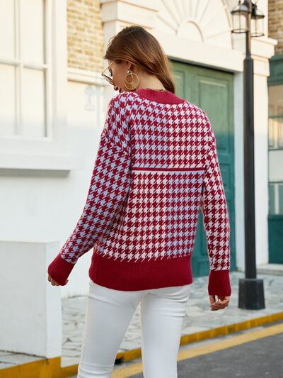 Houndstooth Round Neck Dropped Shoulder Sweater - Body By J'ne