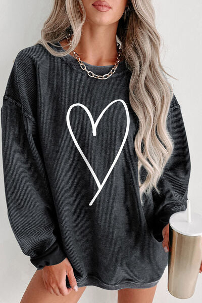 Heart Round Neck Dropped Shoulder Sweatshirt - Body By J'ne