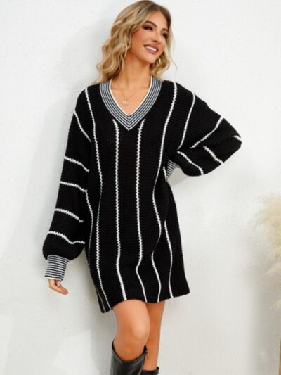 Striped V-Neck Long Sleeve Mini Dress - Body By J'ne