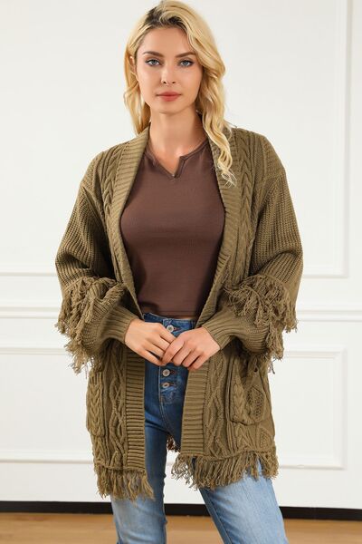 Cable-Knit Fringe Pocketed Cardigan - Body By J'ne