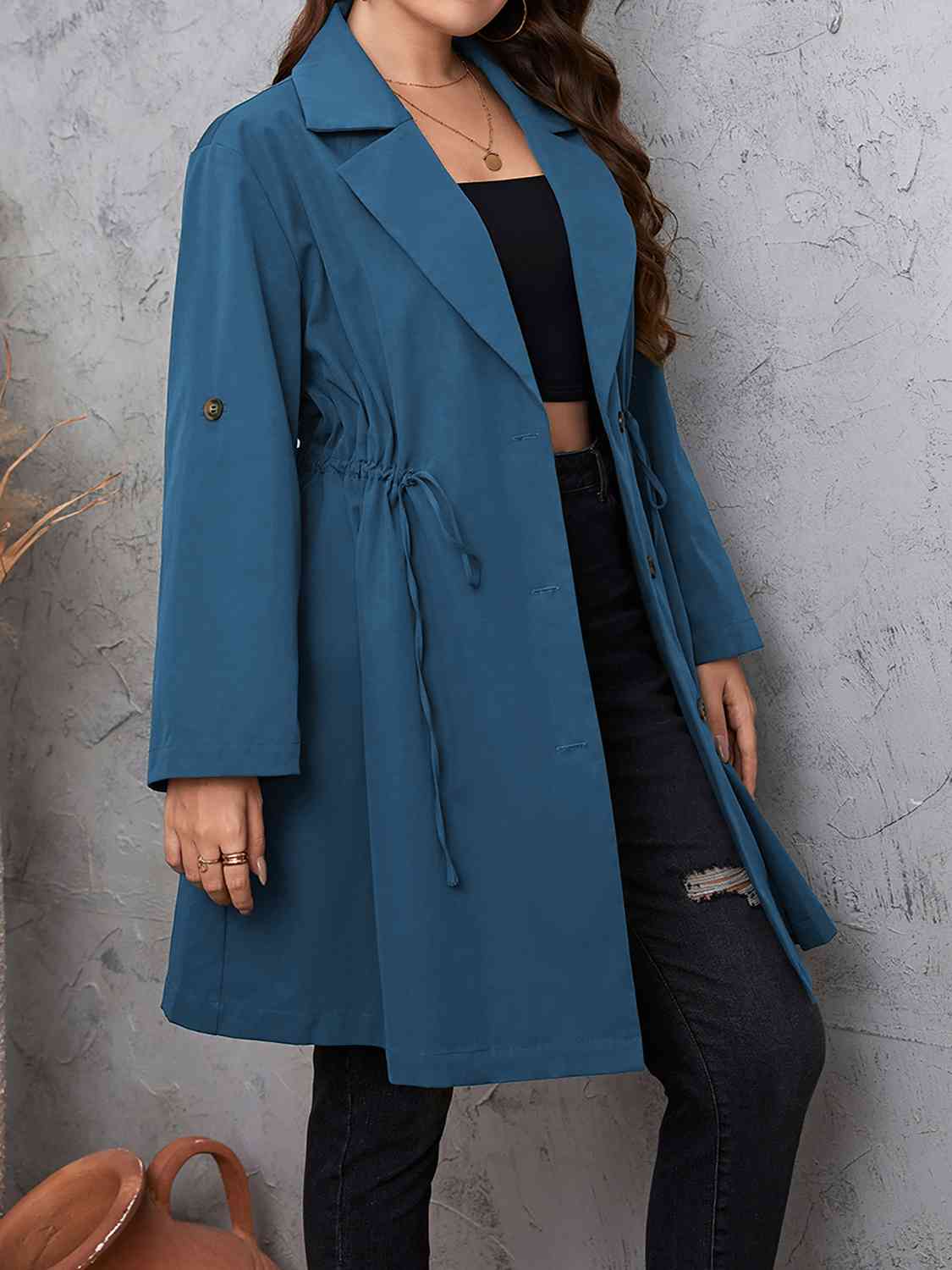 Plus Size Lapel Collar Drawstring Roll-Tab Sleeve Trench Coat - Body By J'ne