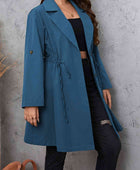 Plus Size Lapel Collar Drawstring Roll-Tab Sleeve Trench Coat - Body By J'ne