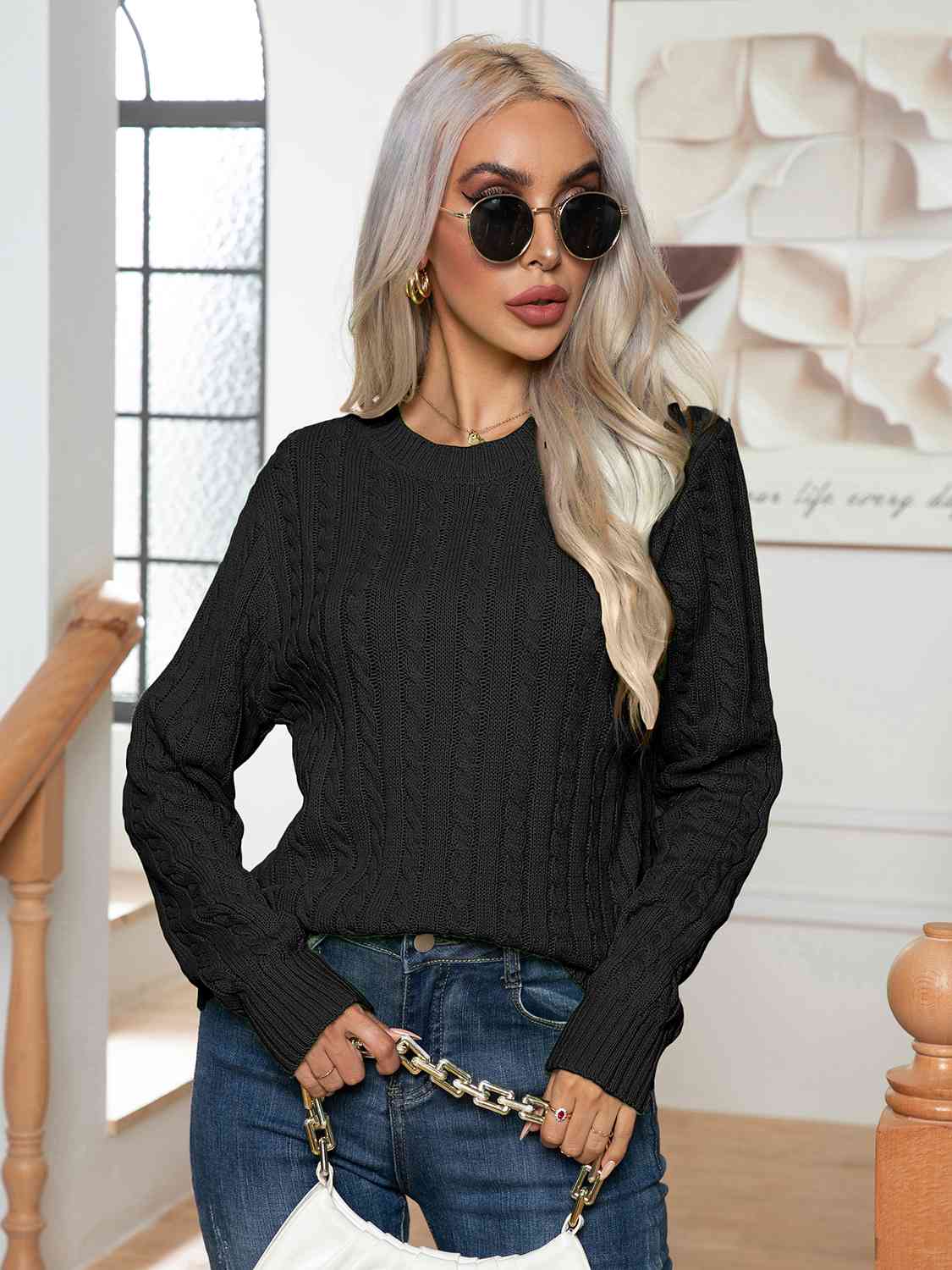 Cable-Knit Round Neck Long Sleeve Sweater - Body By J'ne