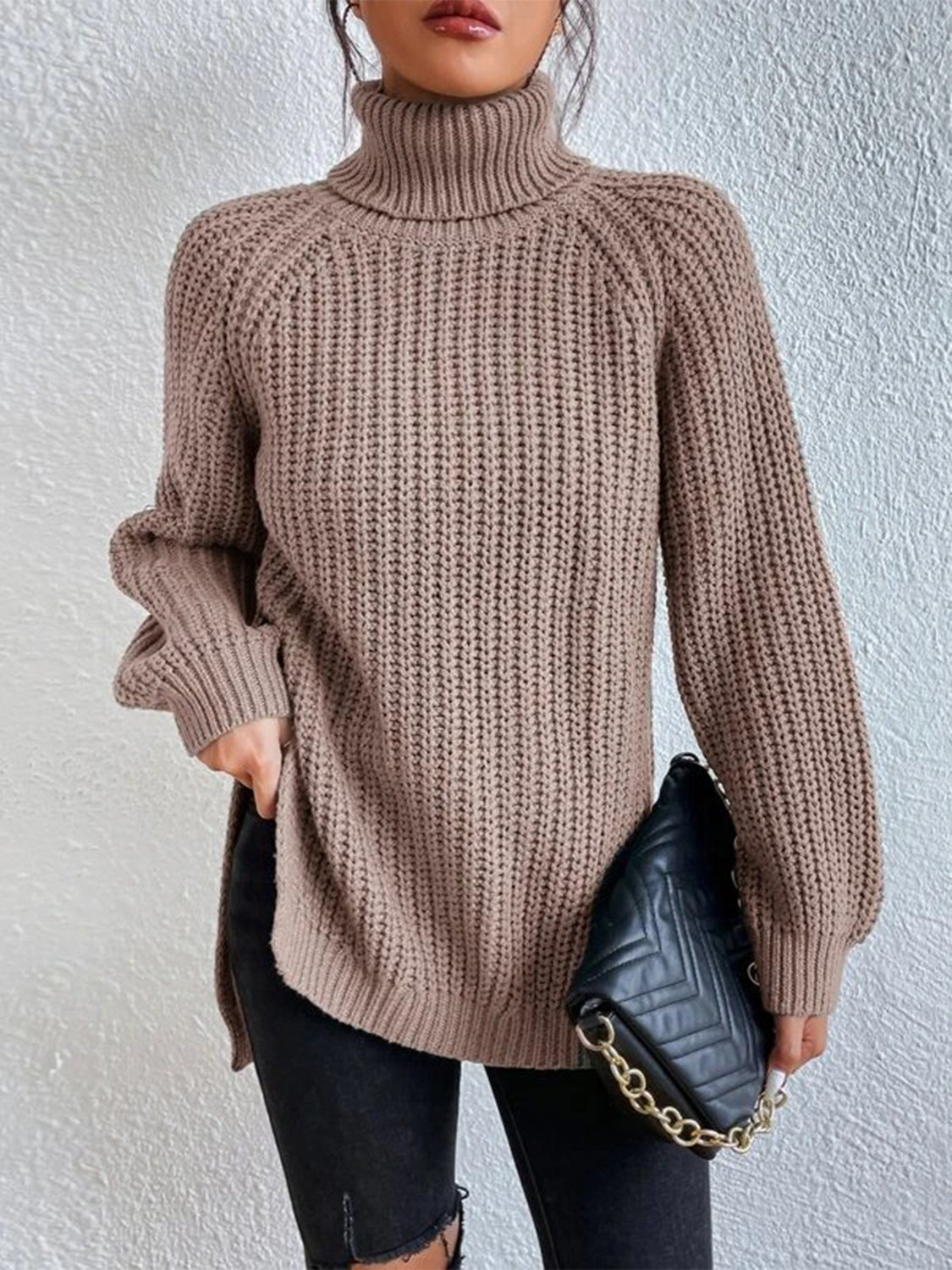 Full Size Turtleneck Rib-Knit Slit Sweater - Body By J'ne