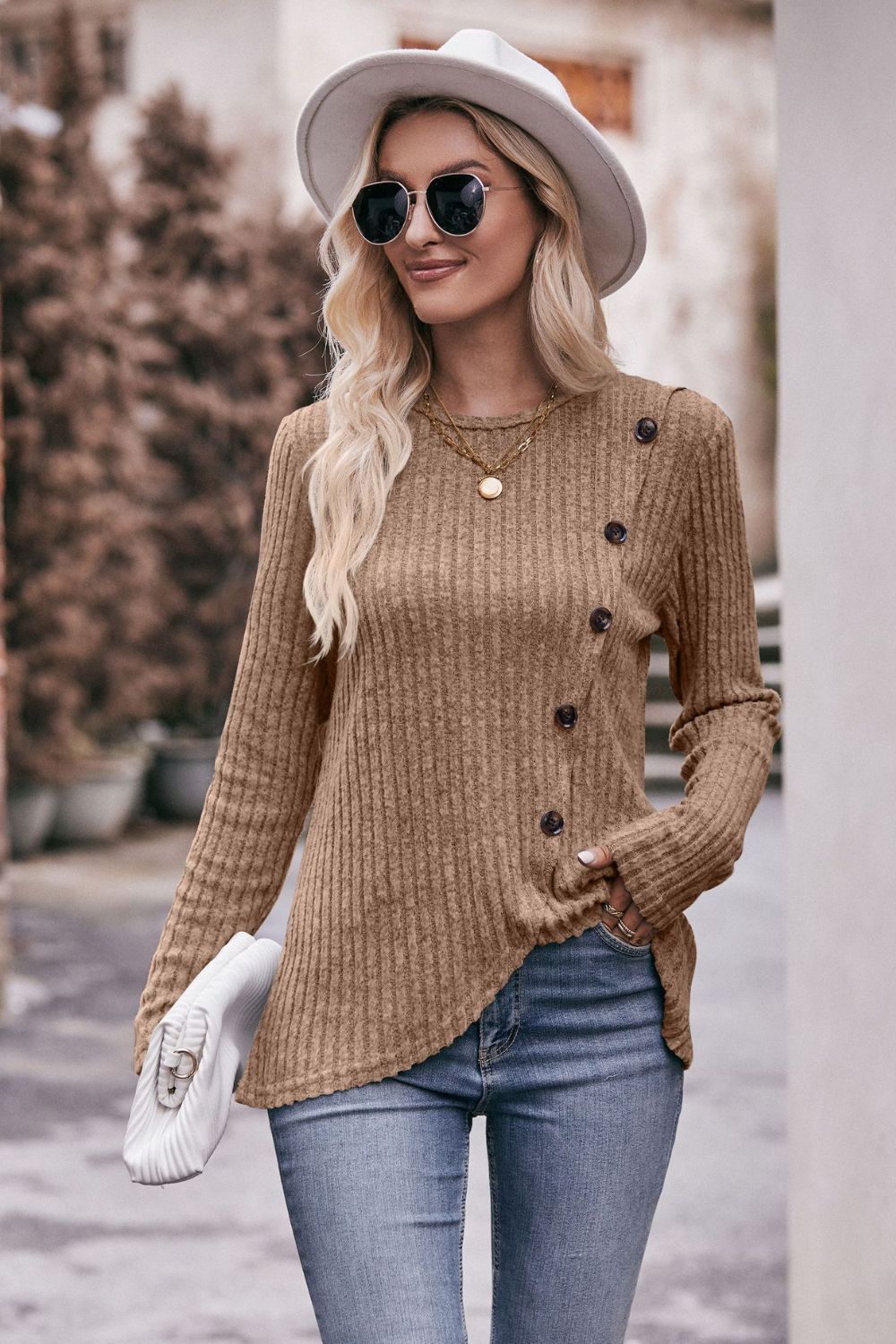 Double Take Ribbed Round Neck Buttoned Long Sleeve Tee - Body By J'ne