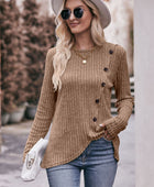 Double Take Ribbed Round Neck Buttoned Long Sleeve Tee - Body By J'ne