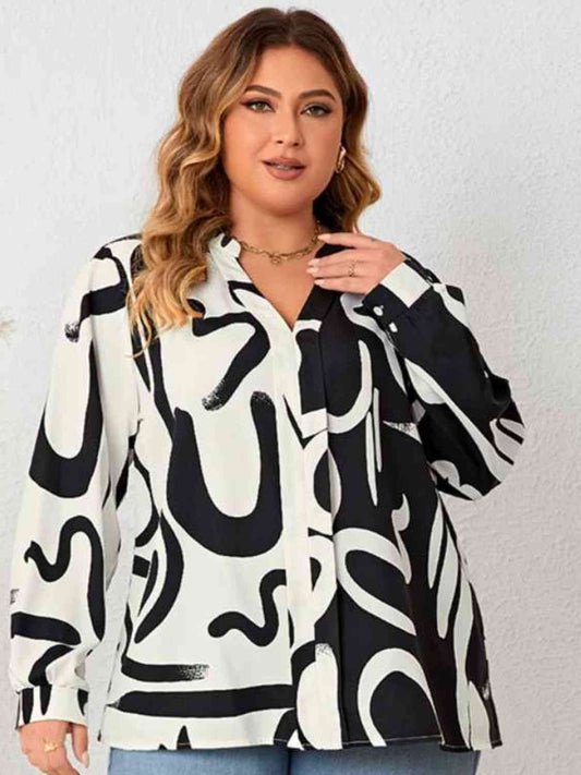 Plus Size V Neck Contrast Color Printed Shirt - Body By J'ne