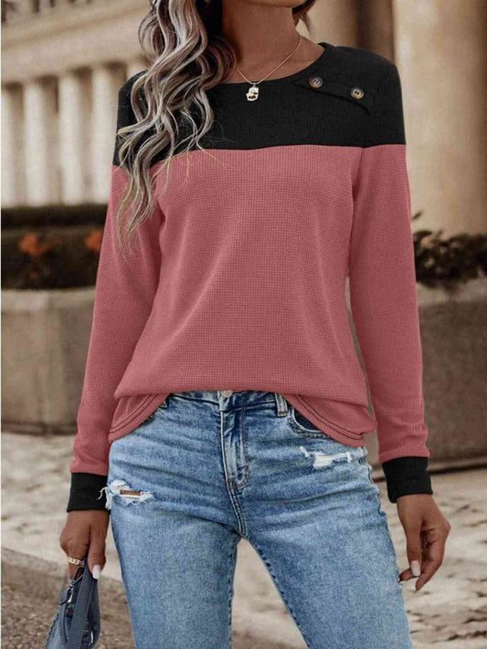 Contrast Buttoned Round Neck Long Sleeve T-Shirt - Body By J'ne