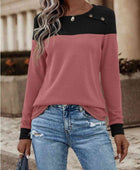 Contrast Buttoned Round Neck Long Sleeve T-Shirt - Body By J'ne