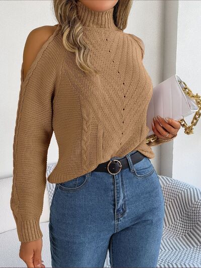 Cable-Knit Turtleneck Cold Shoulder Sweater - Body By J'ne