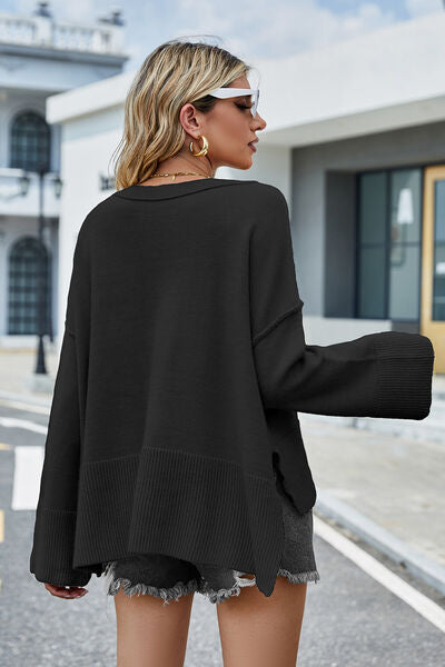 High-Low Slit Round Neck Long Sleeve Sweater - Body By J'ne