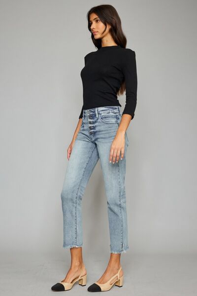 Kancan High Waist Button Fly Raw Hem Cropped Straight Jeans - Body By J'ne