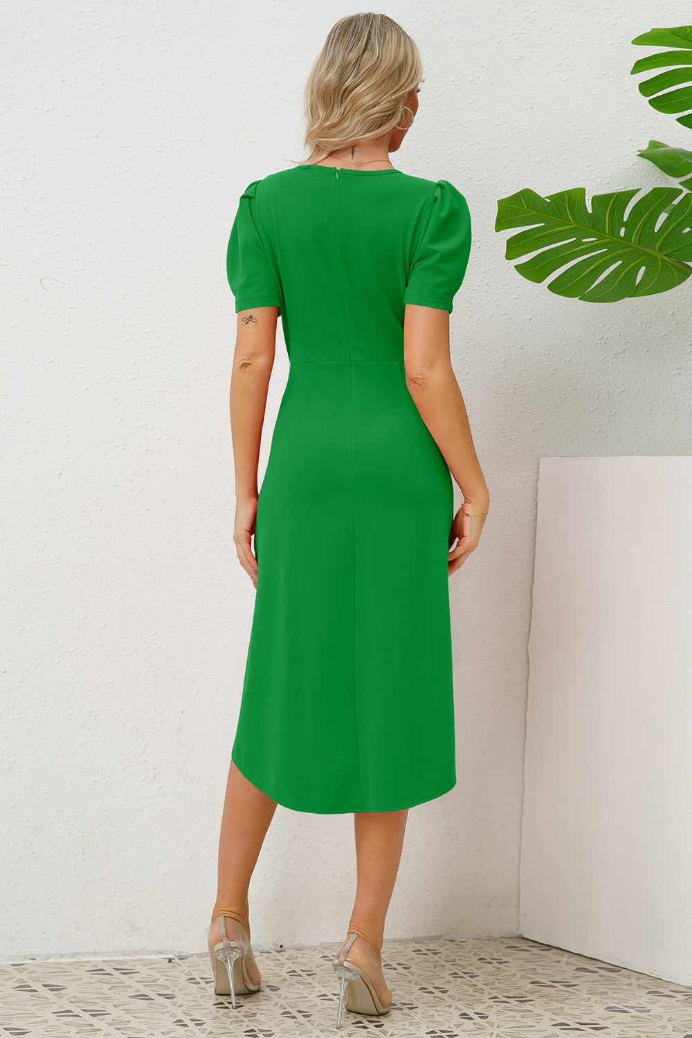 Slit Ruched Round Neck Puff Sleeve Dress - Body By J'ne