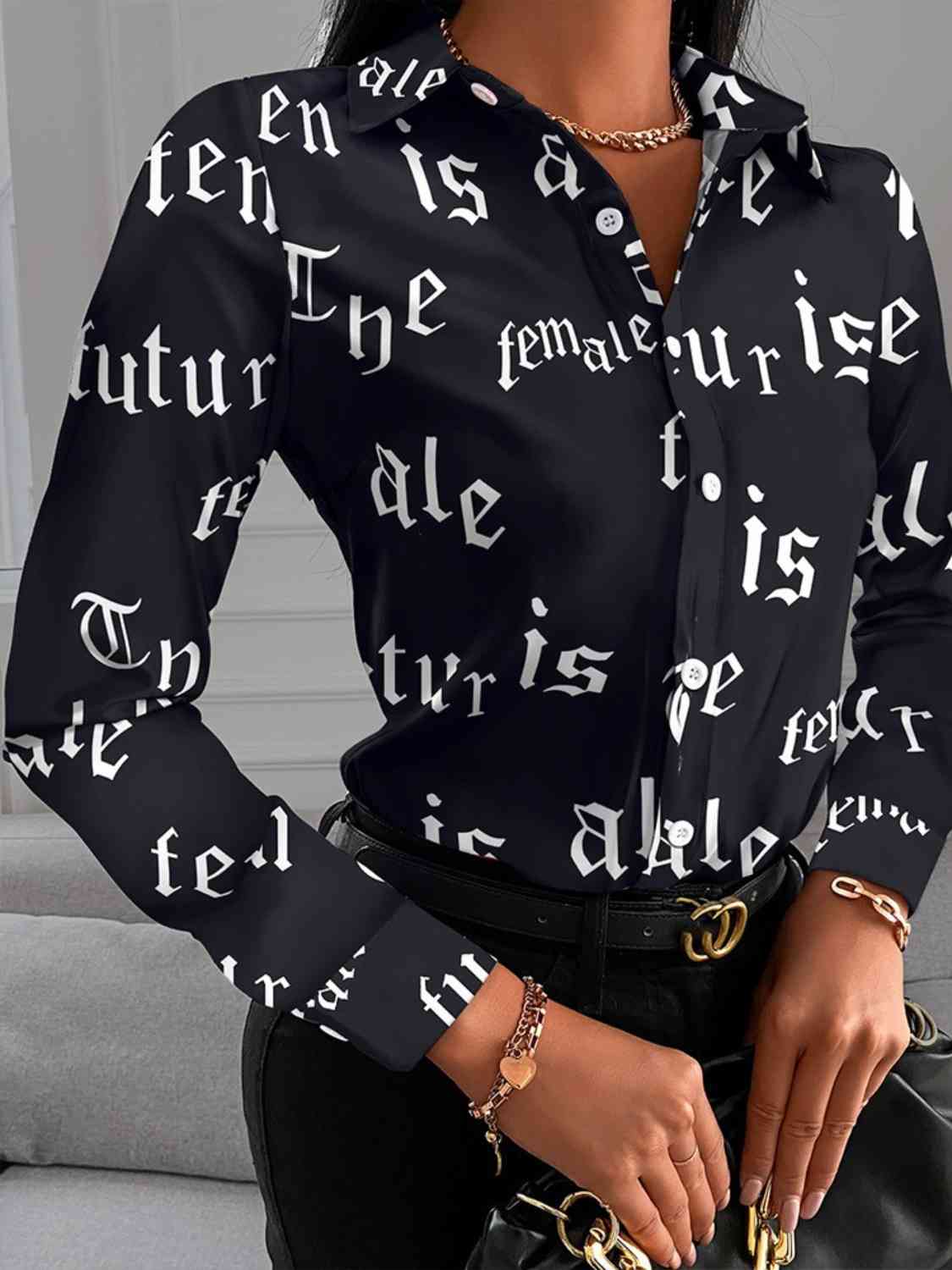 Printed Collared Neck Long Sleeve Shirt - Body By J'ne