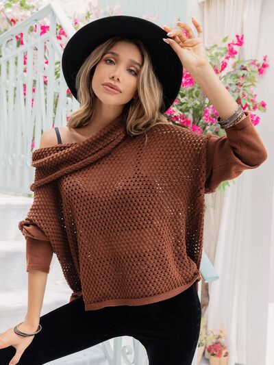 Openwork Mock Neck Dropped Shoulder Sweater - Body By J'ne