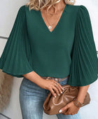 Pleated Flutter Sleeve V-Neck Blouse - Body By J'ne