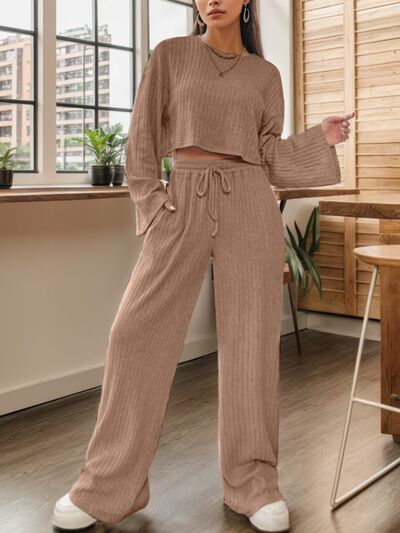 Ribbed Round Neck Top and Drawstring Pants Set - Body By J'ne