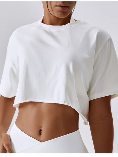 Cropped Round Neck Short Sleeve Active Top - Body By J'ne