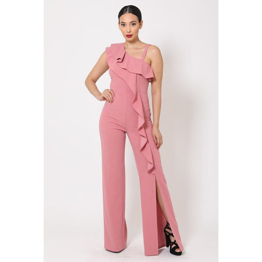 Dark Mauve One Shoulder Ruffle Jumpsuit - Body By J'ne