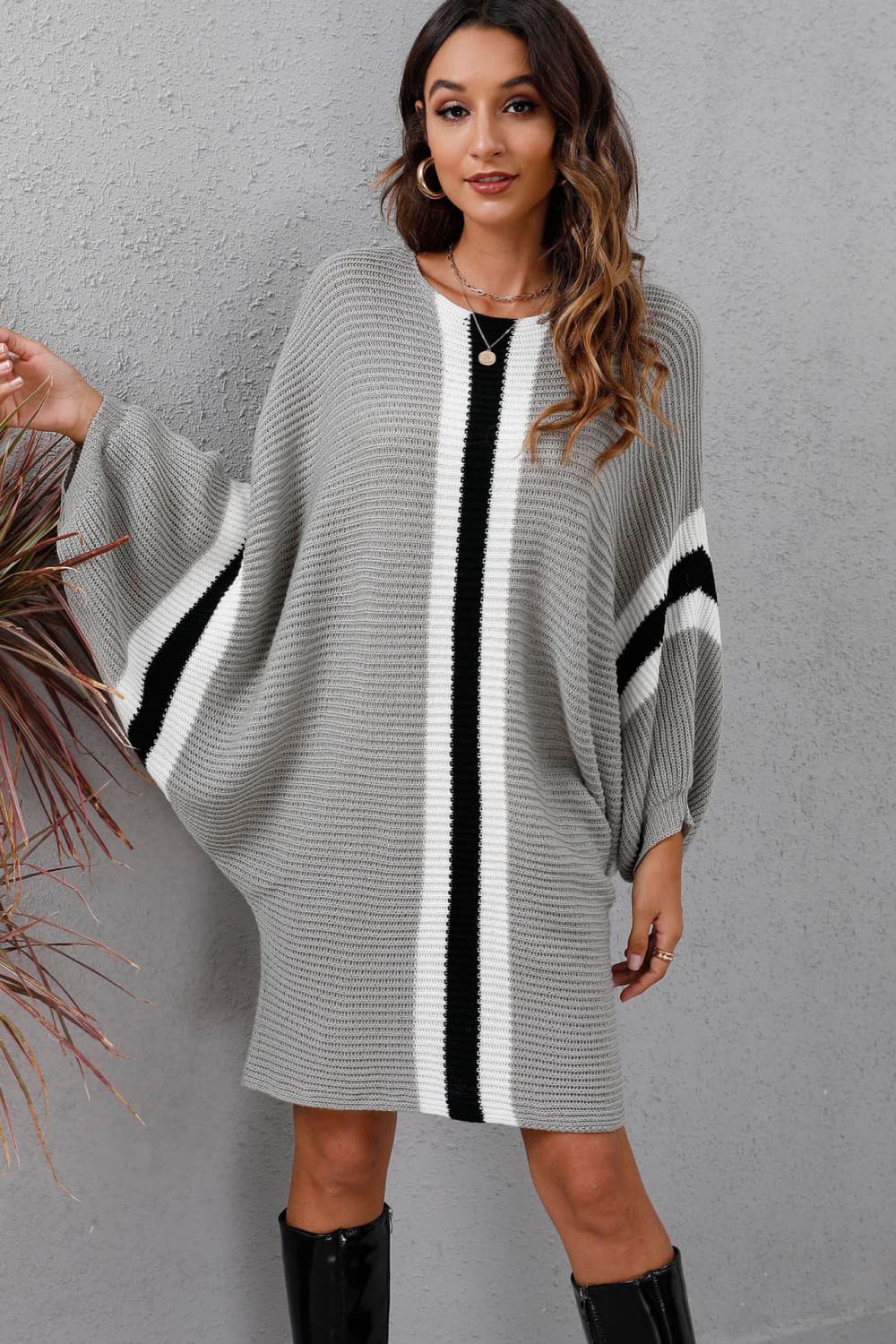 Ribbed Round Neck Long Sleeve Sweater Dress - Body By J'ne