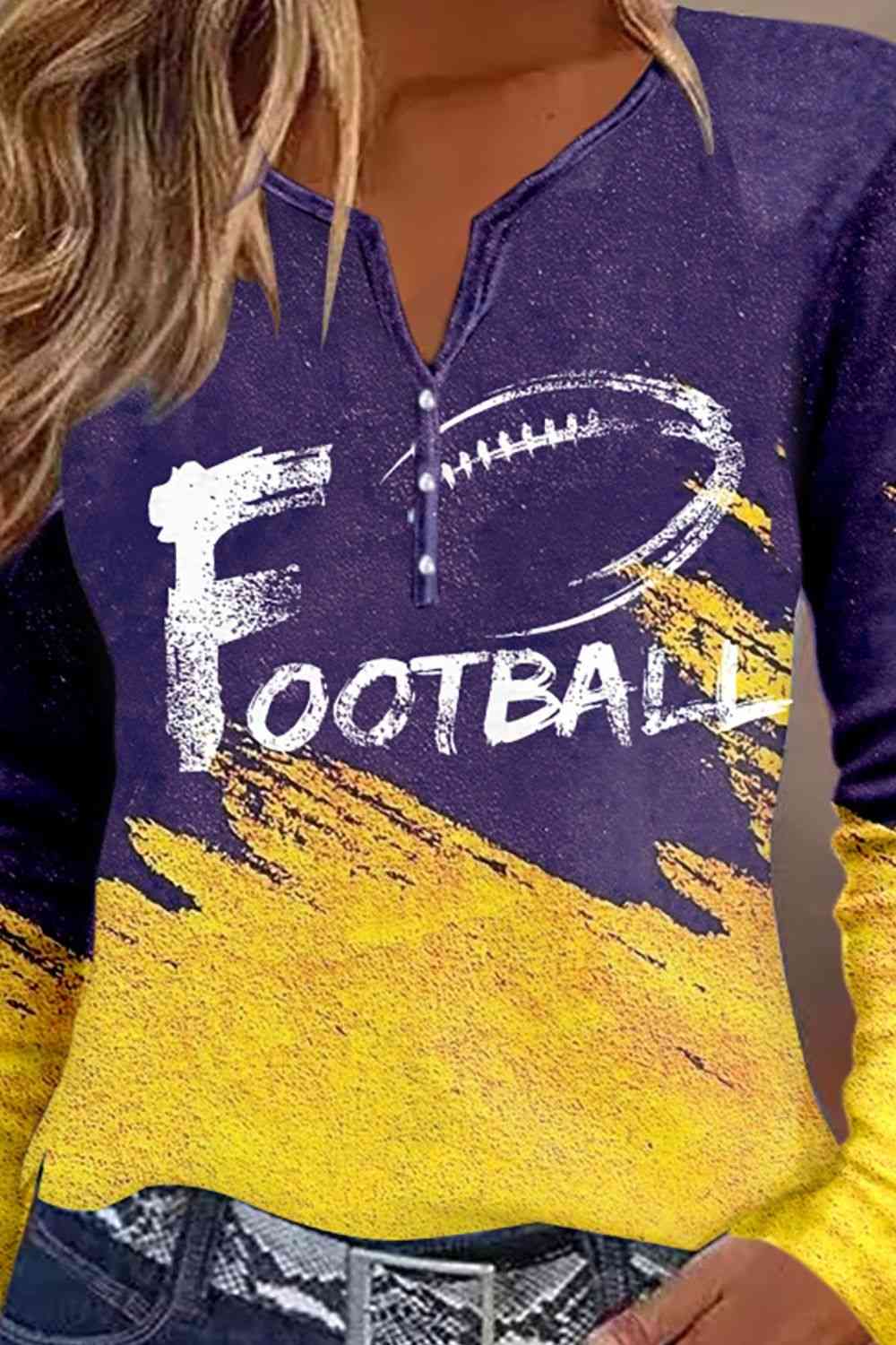 FOOTBALL Graphic Notched Neck Long Sleeve T-Shirt - Body By J'ne