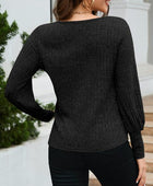 Ribbed Round Neck Lantern Sleeve Knit Top - Body By J'ne