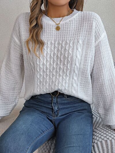 Cable-Knit Round Neck Long Sleeve Sweater - Body By J'ne