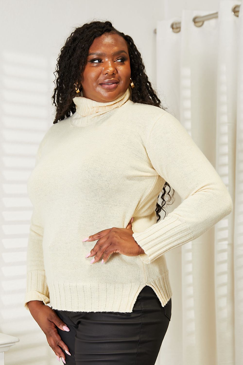 Full Size Long Sleeve Turtleneck Sweater with Side Slit - Body By J'ne