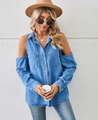 Cold Shoulder Pocketed Button Up Denim Jacket - Body By J'ne