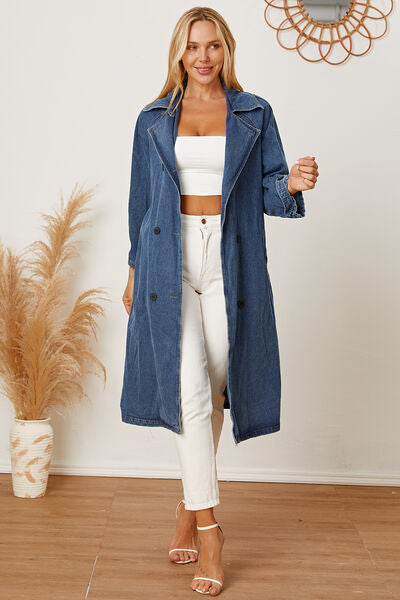 Double-Breasted Belted Longline Denim Jacket - Body By J'ne