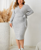 Plus Size Surplice Neck Long Sleeve Slit Dress - Body By J'ne