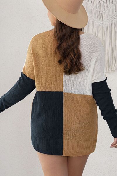 Plus Size Color Block Round Neck Sweater - Body By J'ne