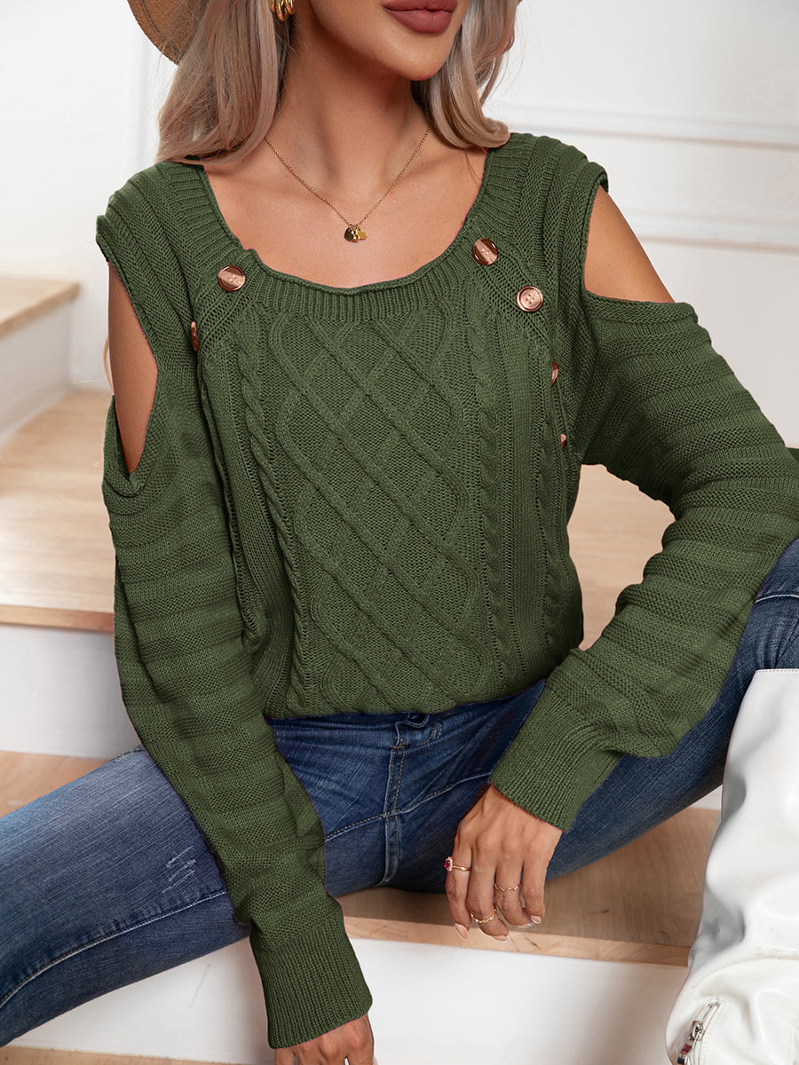 Decorative Button Cold-Shoulder Sweater - Body By J'ne