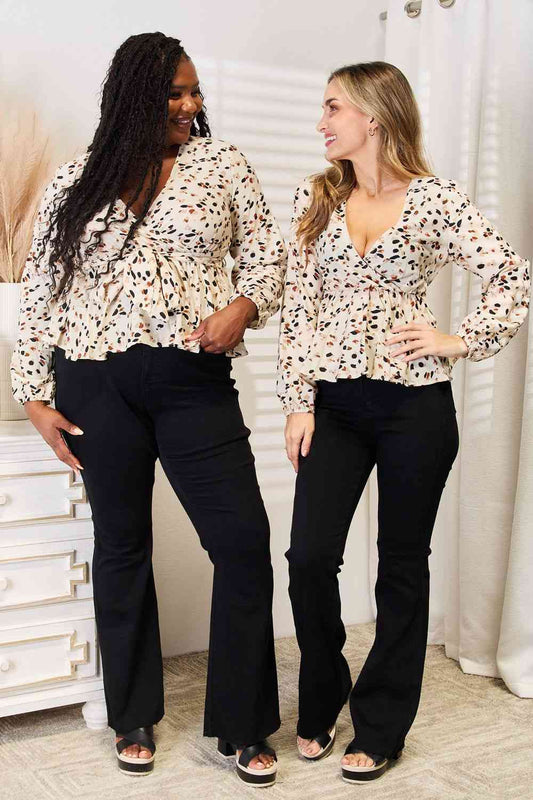 Double Take Printed Tied Plunge Peplum Blouse - Body By J'ne