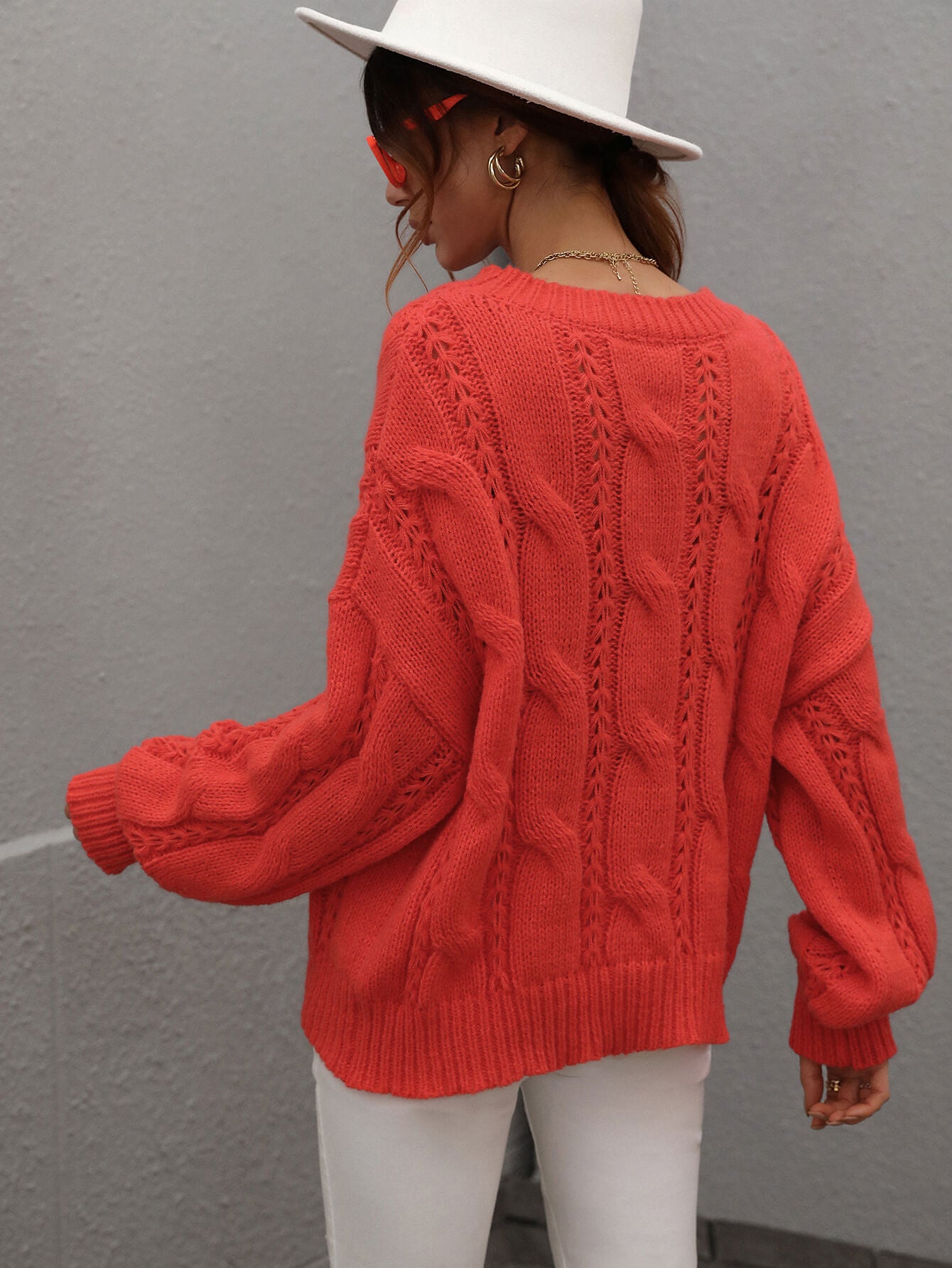 Woven Right Cable-Knit Openwork Round Neck Sweater - Body By J'ne